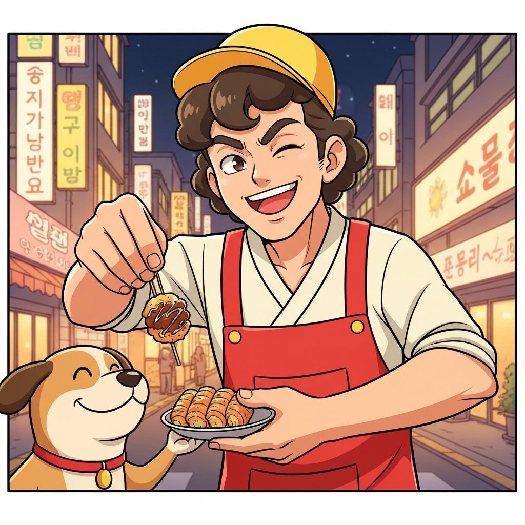 야간 출장세차 서비스 - 한국인 세차 직원이 밤에 차를 세차하는 만화 그림